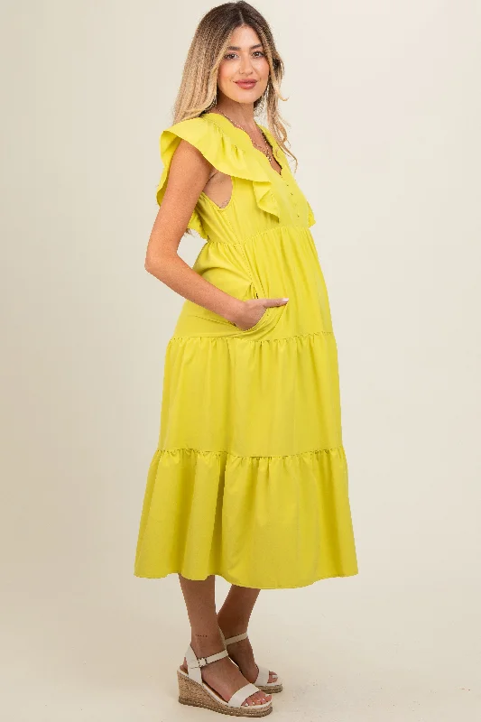 Lime Flutter Sleeve Tiered Maternity Midi Dress