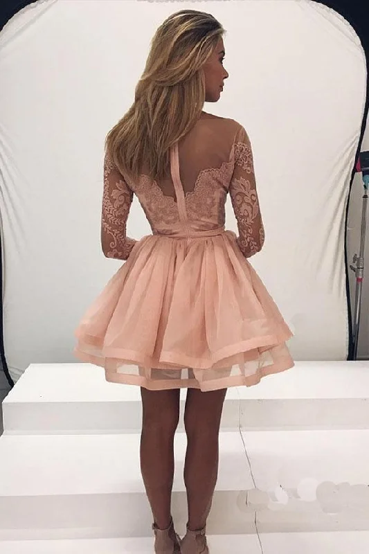 Long Sleeve Lace Homecoming Dress Tulle Zipper Back Party Dress PG197