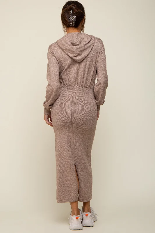 Mocha Knit Hooded Long Sleeve Maternity Dress