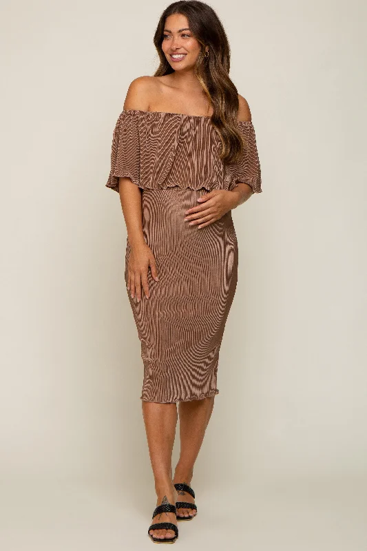 Mocha Pleated Rib Off Shoulder Maternity Dress