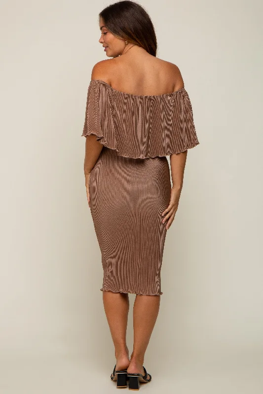 Mocha Pleated Rib Off Shoulder Maternity Dress