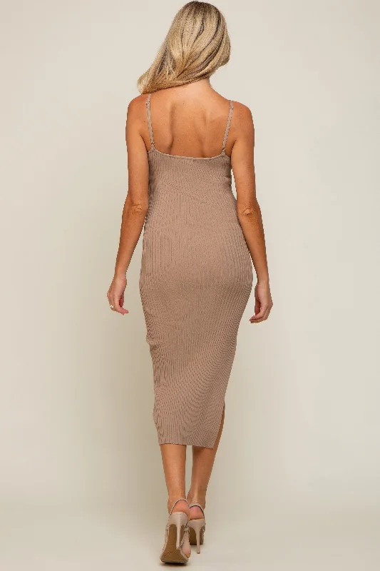 Mocha Ribbed Sleeveless Side Slit Maternity Midi Dress