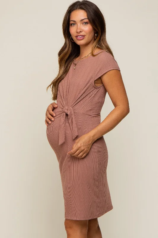 Mocha Ribbed Waist Tie Maternity Dress