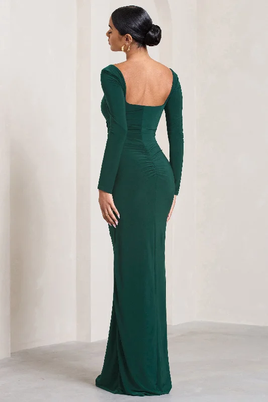 My Pleasure | Bottle Green Square Neck Ruched Maxi Dress