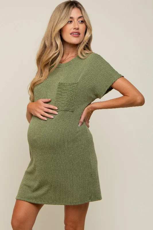 Olive Ribbed Front Pocket Dolman Short Sleeve Maternity Dress