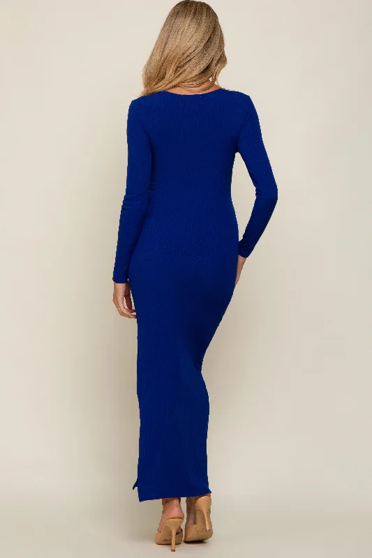 Royal Ribbed Long Sleeve Side Slit Maternity Maxi Dress