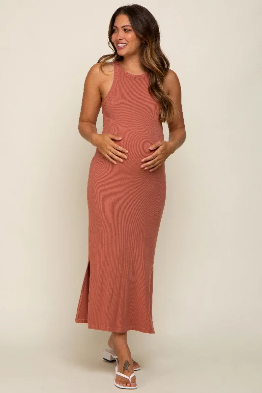 Rust Sleeveless Ribbed Side Slit Maternity Maxi Dress