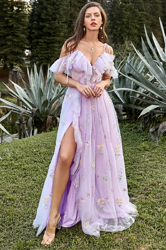 A-Line Spaghetti Straps Lavender Long Prom Dress with Embroidery