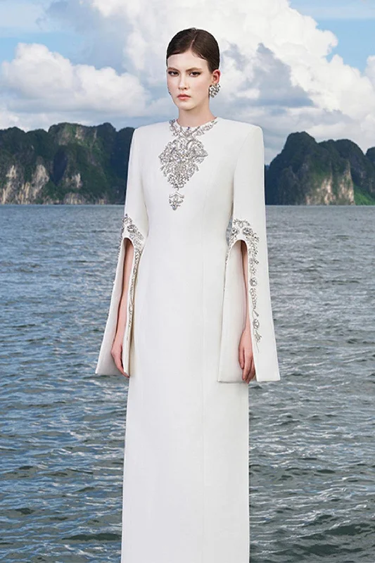 Ulises Sheath Hanging Sleeved Crepe Floor Length Dress