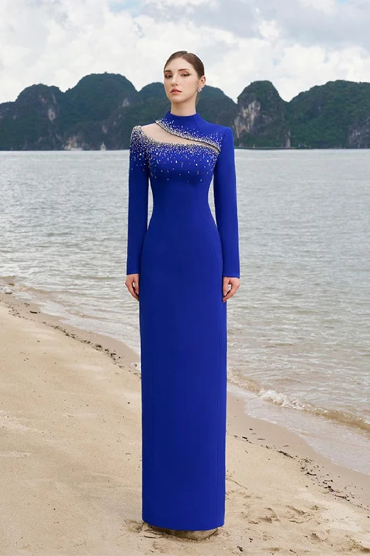 Waylon Sheath Long Sleeved Crepe Floor Length Dress