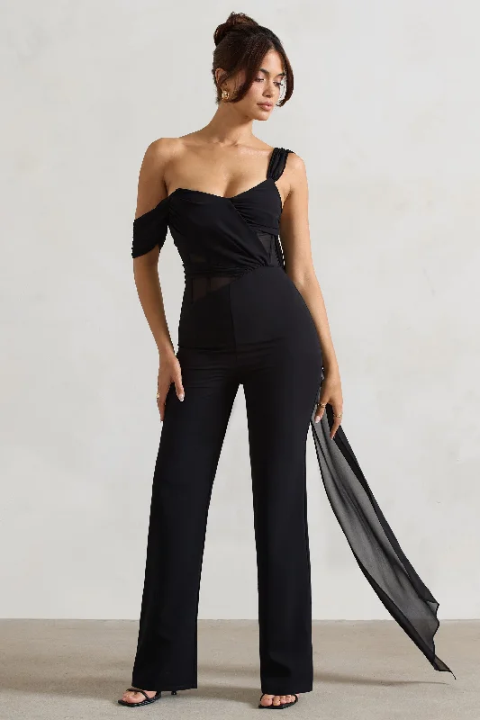 Fatale | Black Draped-Sleeve Corseted Jumpsuit With Sash