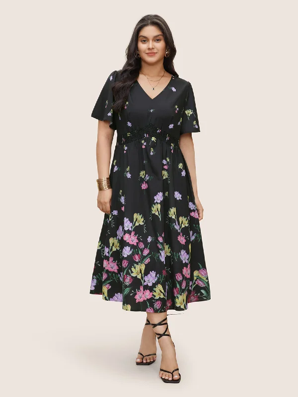 Floral Print Shirred Pocket Ruffle Sleeve Dress