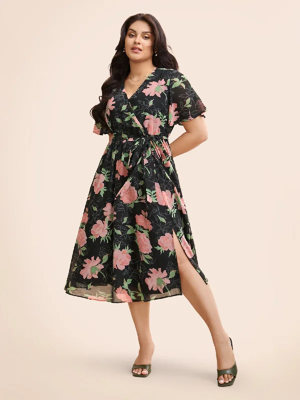 Overlap Collar Floral Split Hem Dress