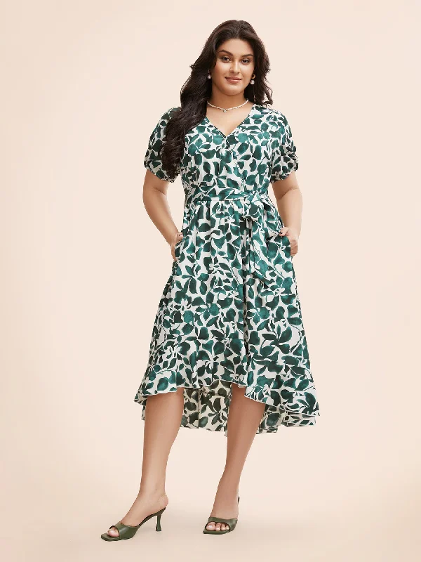 Overlap Collar Silhouette Floral Print Ruffles Dress