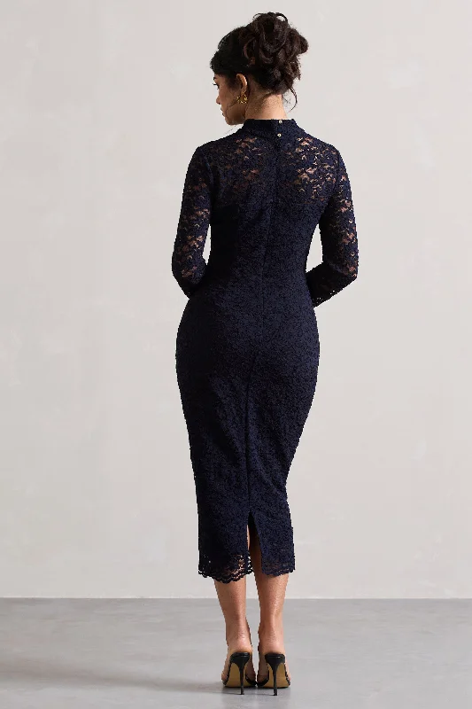 Rumour | Navy Lace High-Neck Midi Dress