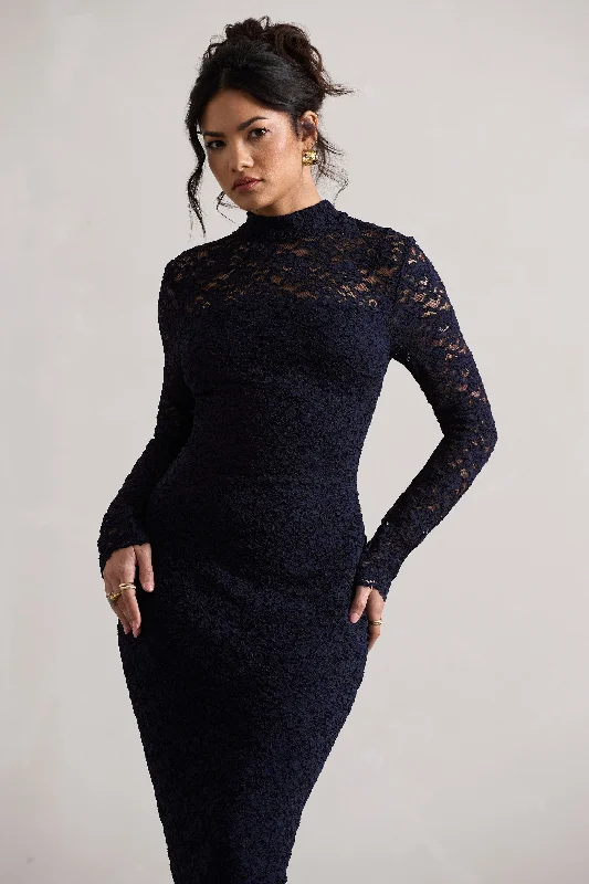 Rumour | Navy Lace High-Neck Midi Dress