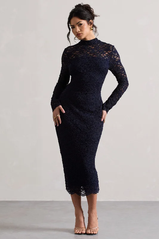 Rumour | Navy Lace High-Neck Midi Dress