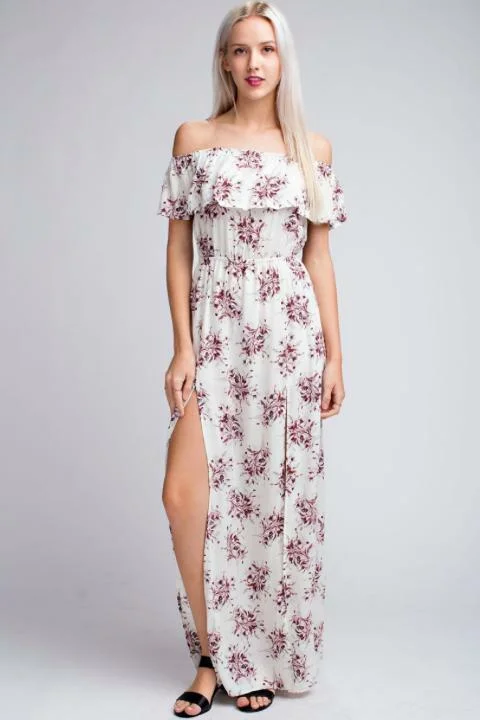 I Adore White Floral Print Off-the-Shoulder Maxi Dress