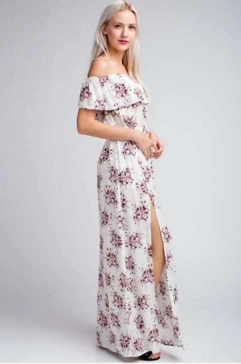 I Adore White Floral Print Off-the-Shoulder Maxi Dress