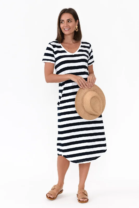 Maeve Navy Stripe Cotton Midi Dress