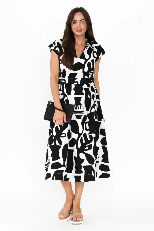 Sew Black Abstract Cotton Belted Dress