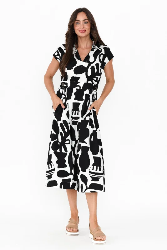 Sew Black Abstract Cotton Belted Dress