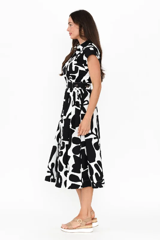 Sew Black Abstract Cotton Belted Dress