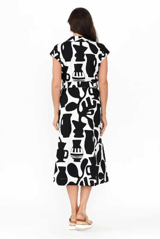 Sew Black Abstract Cotton Belted Dress