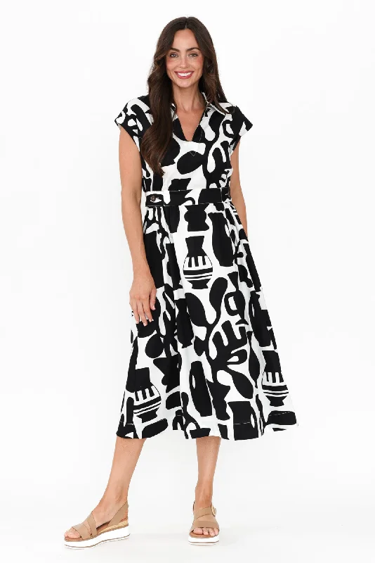 Sew Black Abstract Cotton Belted Dress