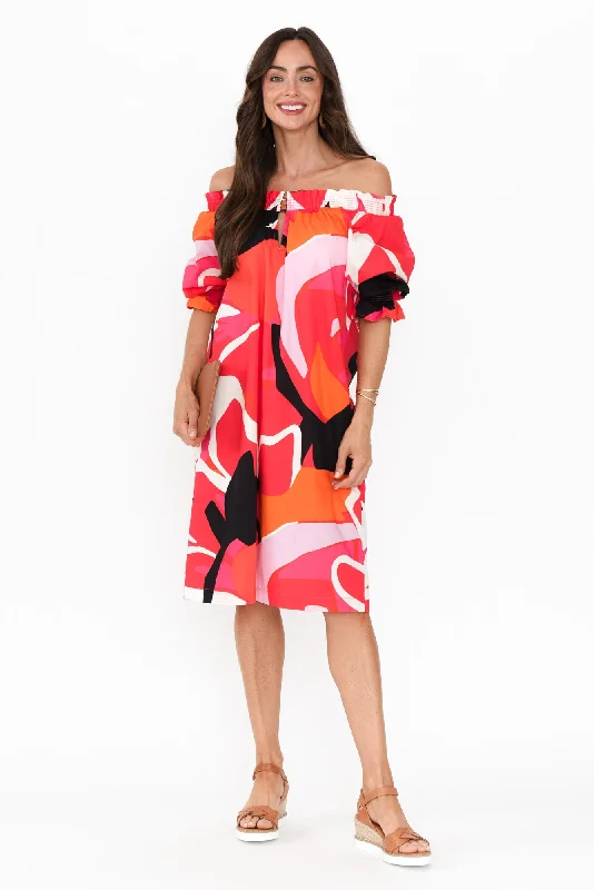 Shirr Pink Abstract Cotton Dress