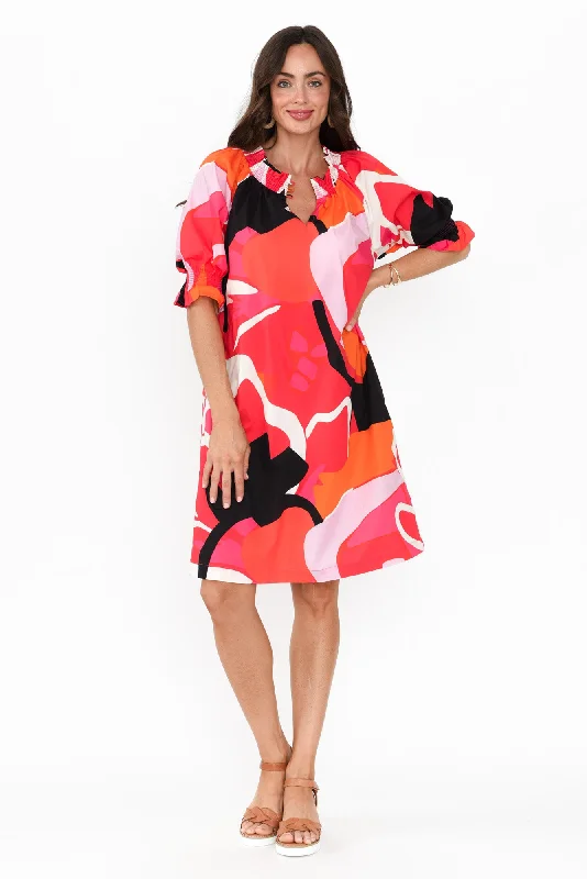 Shirr Pink Abstract Cotton Dress