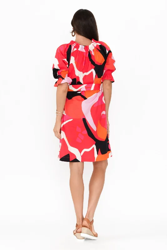 Shirr Pink Abstract Cotton Dress