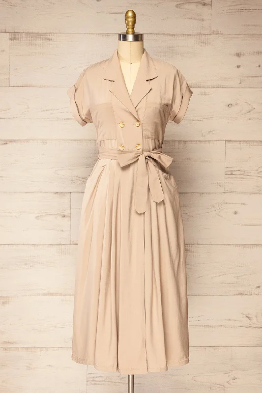 Waverly Beige | Double-Breasted Dress w/ Tie Belt