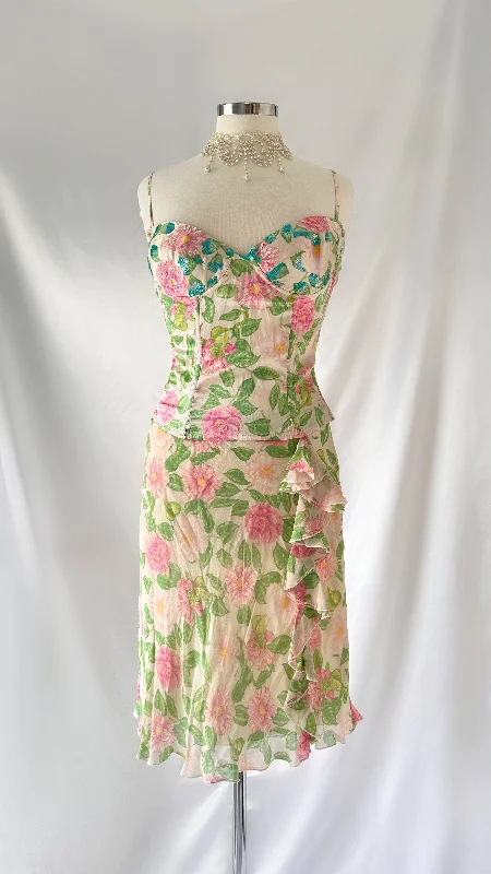 Absolutely Beautiful Rare Vintage 90s Blumarine Floral Silk Fairy Corset & Midi Skirt Set