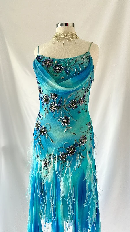 Aqua Temptress Vintage 90s Embellished Feather Midi Dress