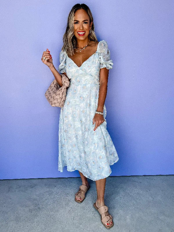 Blossoming Light Puff Sleeve Midi Dress