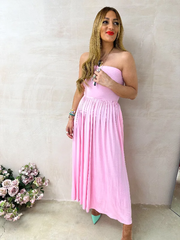 Bandeau Style Full Skirt Midi Dress In Candy Pink