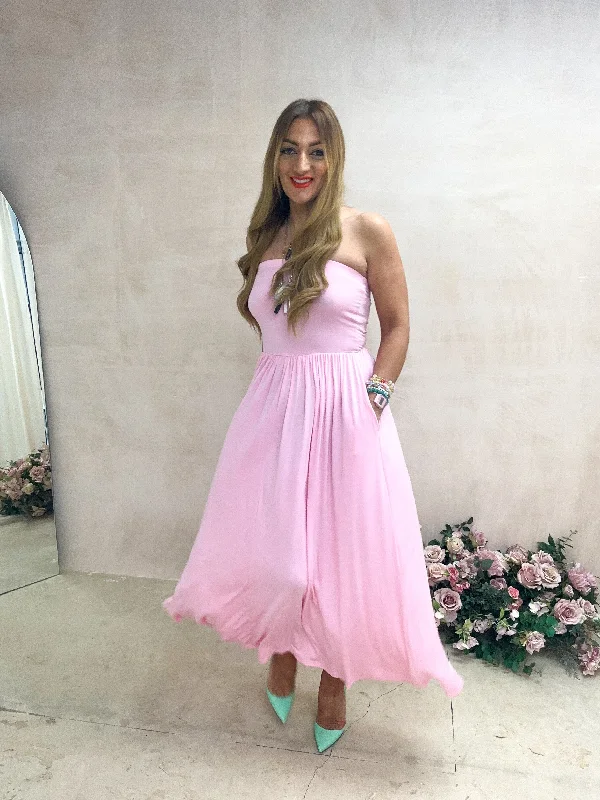 Bandeau Style Full Skirt Midi Dress In Candy Pink