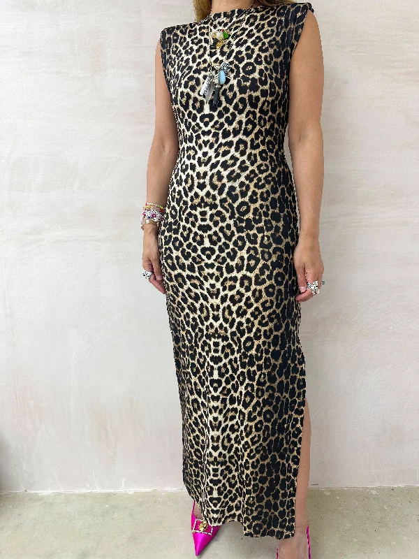 Shoulder Pad Midi Dress In Leopard Print