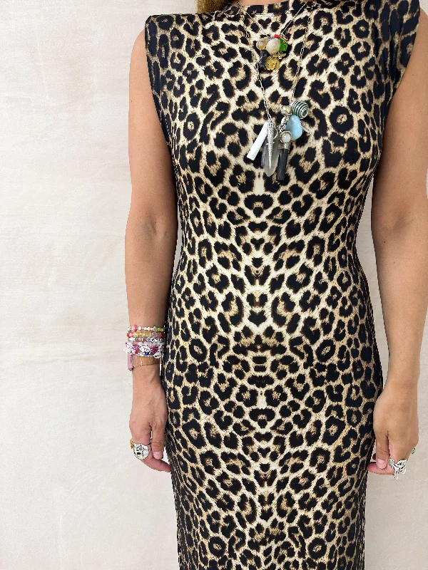 Shoulder Pad Midi Dress In Leopard Print