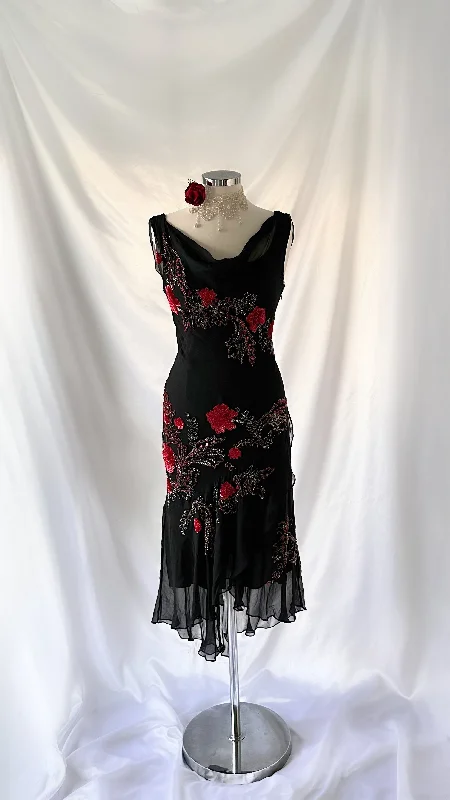 The Midnight Rose 90s Cowl Neck Sequin Embellished Midi Dress