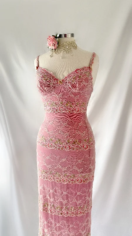 Beautiful Vintage 90s Catwalk Collection Pink Floral Lace Bustier Midi Dress