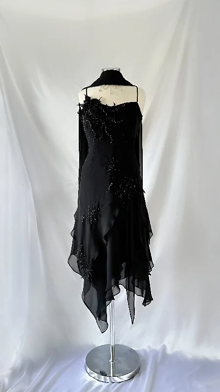 Stunning Vintage 00s Noir Flower Embellished Asymmetrical Midi Dress Scarf Set