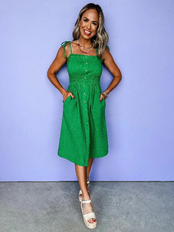 On My Own Shoulder Tie Dress-Kelly Green