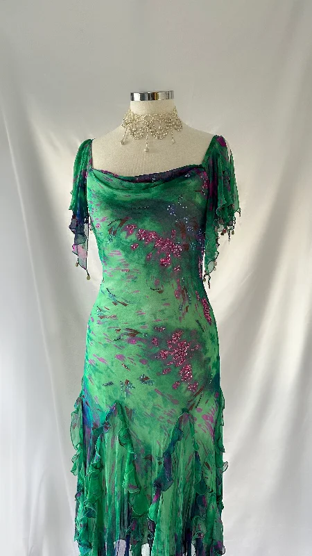 Mystical Turquoise Fairy Vintage Silk Embellished Midaxi Dress