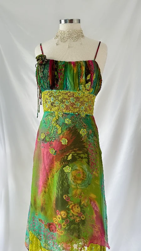 Nature Fairy 90s Whimsical Floral Green Silk & Lace Midi Dress