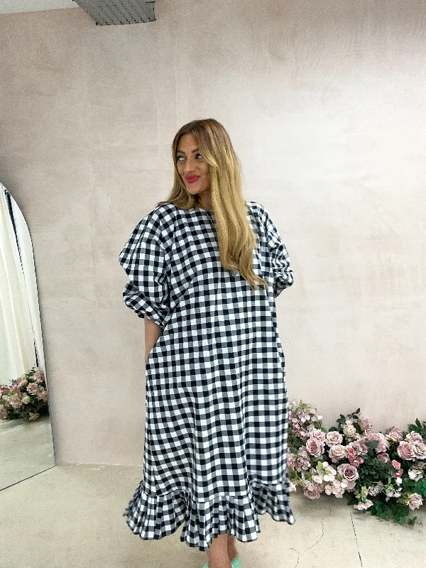 Olivia Puff Sleeve Midi Dress In Black Gingham