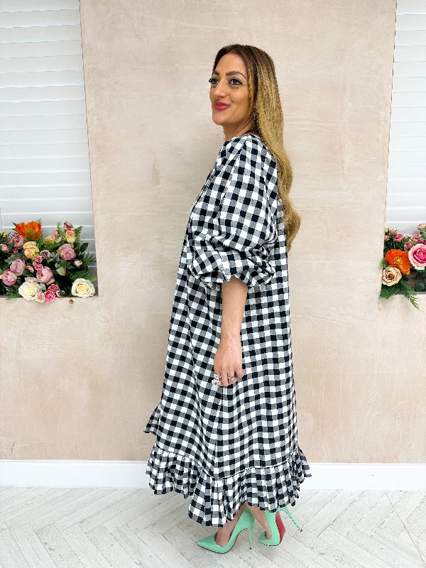 Olivia Puff Sleeve Midi Dress In Black Gingham