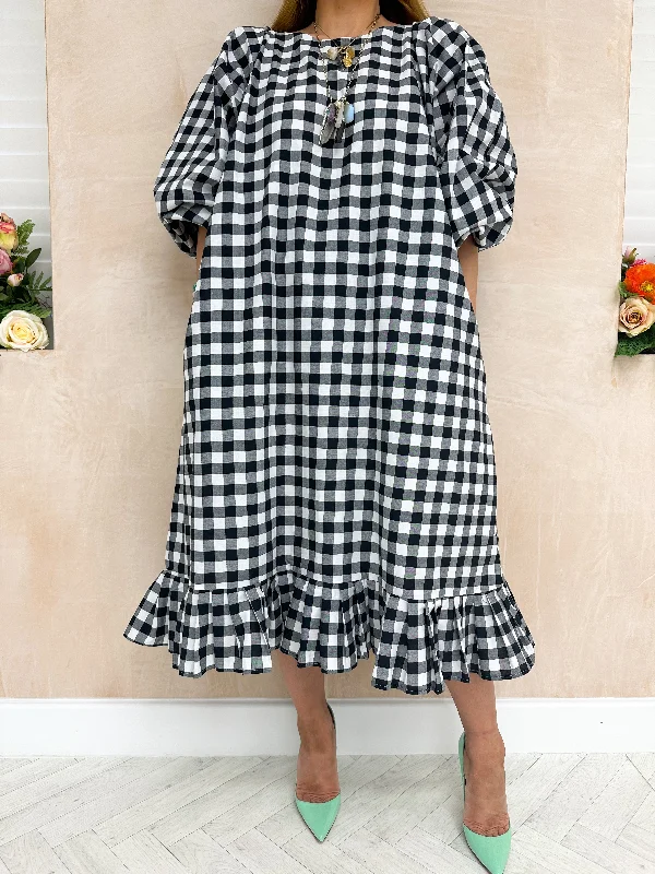 Olivia Puff Sleeve Midi Dress In Black Gingham