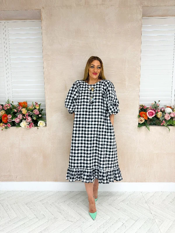 Olivia Puff Sleeve Midi Dress In Black Gingham